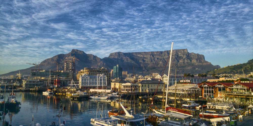 Panoramic view of Cape Town with Table Mountain and the coastline