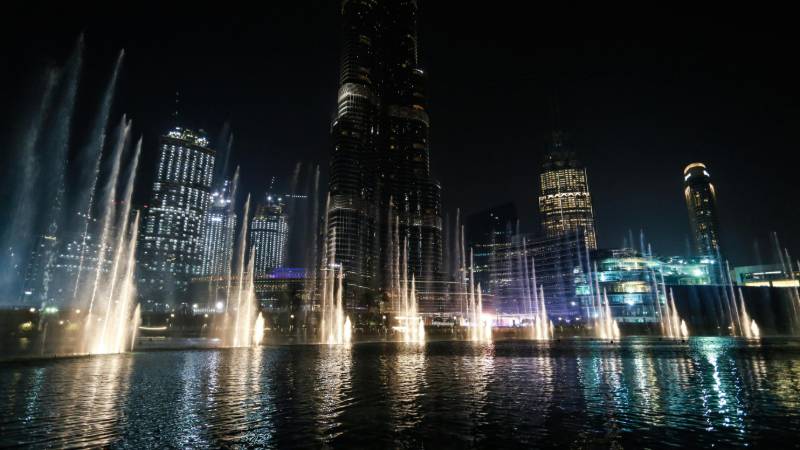 The spectacular Dubai Fountains show at the base of the Burj Khalifa