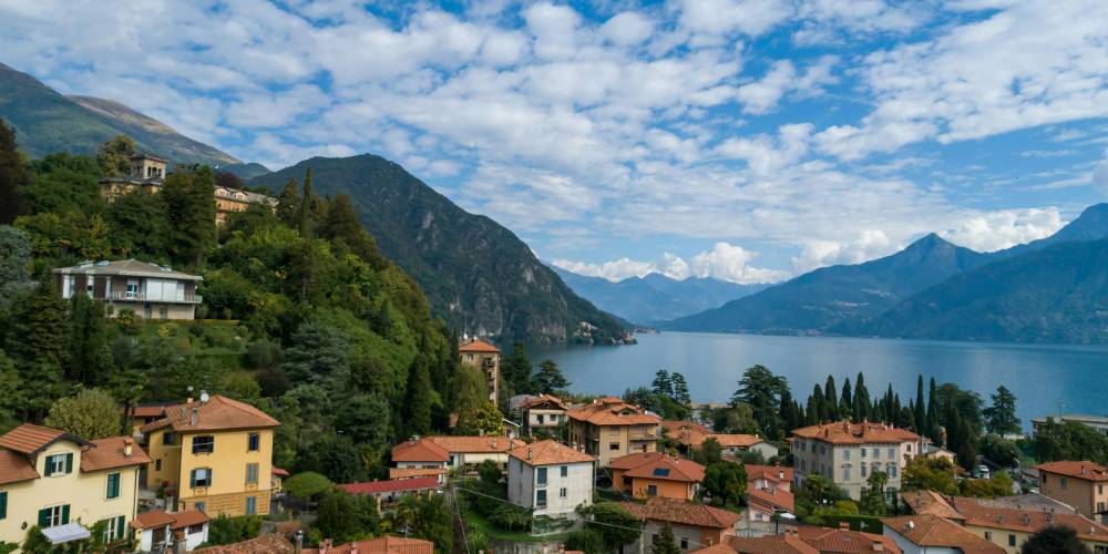 Picturesque view of Bellagio on Lake Como, Italy, with lush mountains