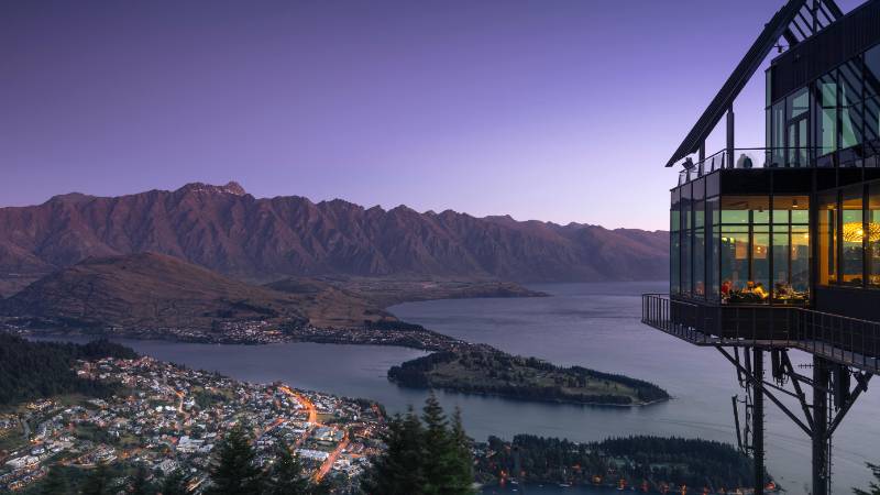 Panoramic view of Queenstown, Lake Wakatipu, and The Remarkables from the Skyline Gondola