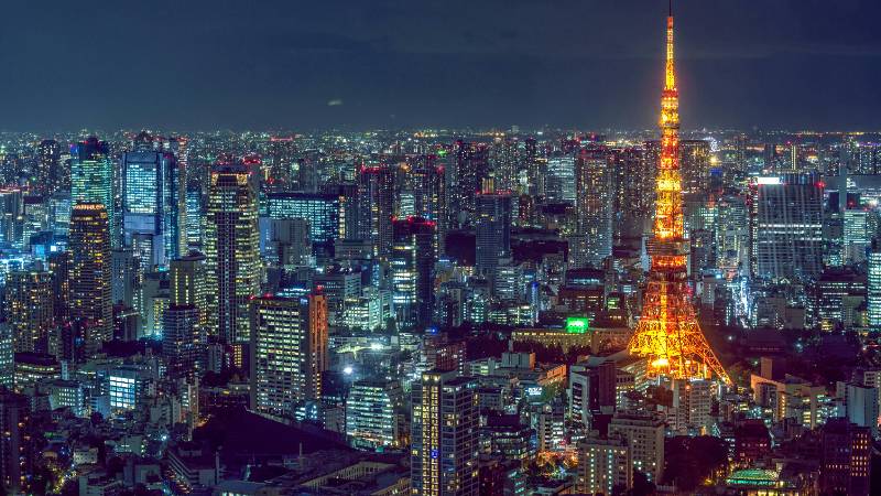 The iconic Tokyo Tower amidst the sprawling cityscape of Tokyo